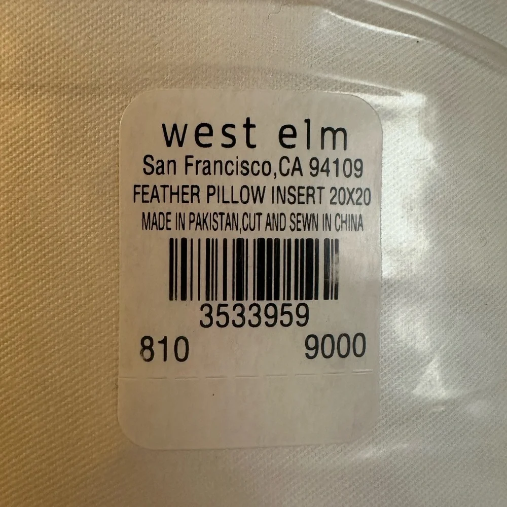 West Elm down pillow insert 20X20